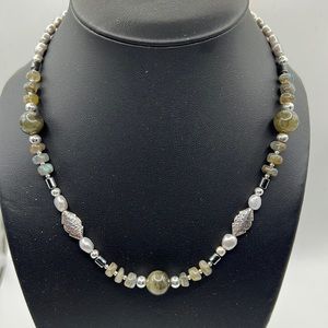 LABRADORITE, PEARL, HEMATITE, AND STERLING SILVER NECKLACE 17.75”